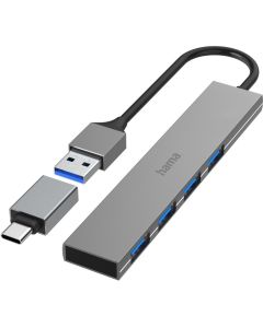 Hama USB-Hub 4-Port USB 3.2 GEN1 5 GBIT/s Ultra Slim met USB-C-Adapter