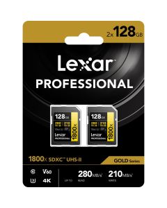 Lexar SDXC Pro 128GB 1800x / 280 Mb/s UHS-II V60 Gold - 2 Stuks